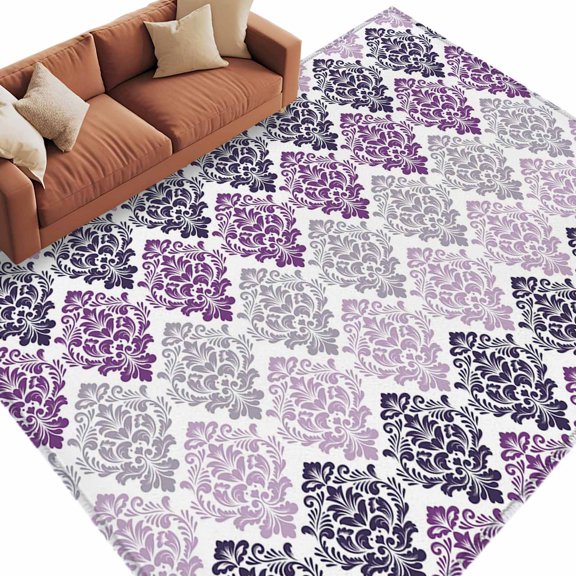Area Rug 5x8ft, Gradient Purple Floral Texture Washable Rugs for Living Room Bedroom, Retro Ethnic Pattern Soft Non-slip Area Rugs Rectangle Floor Carpet for Dining Room