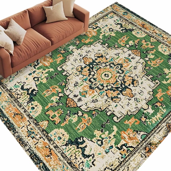 Area Rug 5x8ft, Green Bohemian Ethnic Western Washable Rugs for Living Room Bedroom, Vintage Native Tribal Soft Non-slip Area Rugs Rectangle Floor Carpet for Dining Room