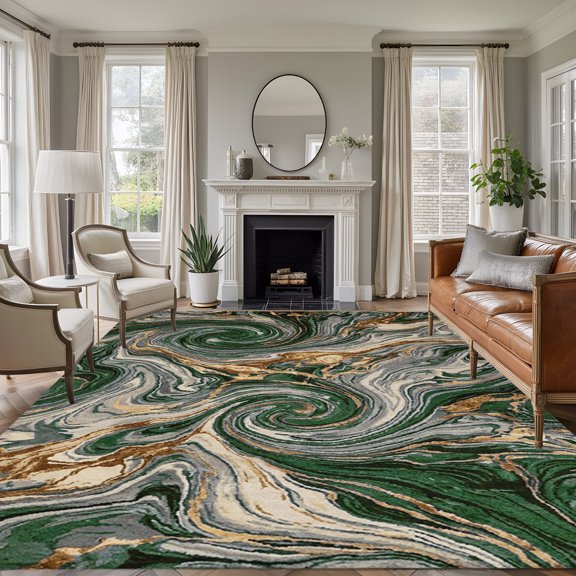 Area Rug 5x8ft, Green Gold Marble Swirl Fluid Pattern Washable Rugs for Living Room Bedroom, Agate Stone Texture Soft Non-slip Area Rugs Rectangle Floor Carpet for Dining Room