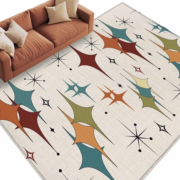 Area Rug 5x8ft, Green Red Geometric Bohemian Washable Rugs for Living Room Bedroom, Mid Century Star Rhombus Soft Non-slip Area Rugs Rectangle Floor Carpet for Dining Room