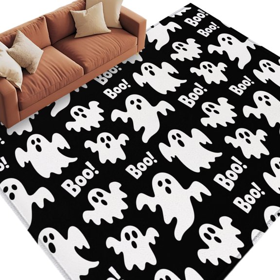 Area Rug 5x8ft, Halloween Ghost Boo Text Washable Rugs for Living Room Bedroom, Horror Black White Soft Non-slip Area Rugs Rectangle Floor Carpet for Dining Room