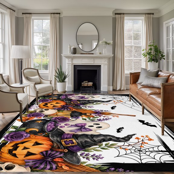 Area Rug 5x8ft, Halloween Night Pumpkin Ghost Washable Rugs for Living Room Bedroom, Witch Hat Skull Sipderweb Soft Non-slip Area Rugs Rectangle Floor Carpet for Dining Room
