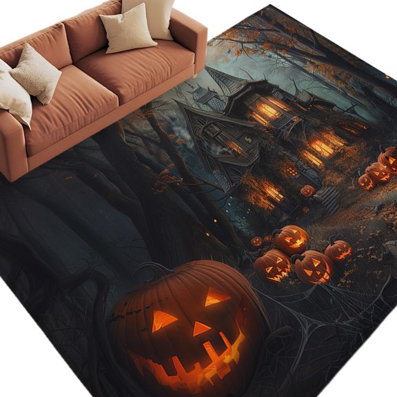 Area Rug 5x8ft, Halloween Scary House Pumpkin Ghost Washable Rugs for Living Room Bedroom, Horror Night Forest Soft Non-slip Area Rugs Rectangle Floor Carpet for Dining Room
