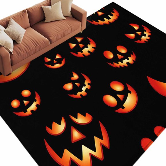 Area Rug 5x8ft, Halloween Scary Pumpkin Ghost Washable Rugs for Living Room Bedroom, Orange Black Soft Non-slip Area Rugs Rectangle Floor Carpet for Dining Room