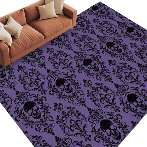Area Rug 5x8ft, Halloween Skull Damask Flower Washable Rugs for Living Room Bedroom, Scary Skeleton Purple Soft Non-slip Area Rugs Rectangle Floor Carpet for Dining Room