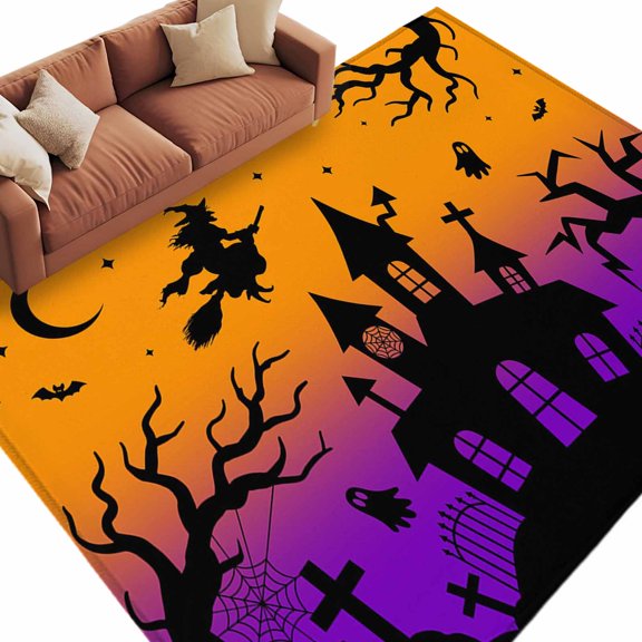 Area Rug 5x8ft, Halloween Witch Ghost Castle Washable Rugs for Living Room Bedroom, Orange Purple Gradient Soft Non-slip Area Rugs Rectangle Floor Carpet for Dining Room