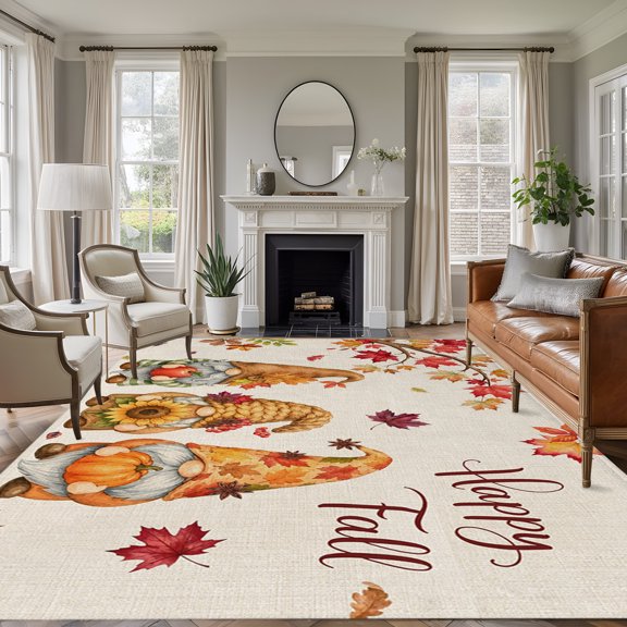 Area Rug 5x8ft, Happy Fall Words Gnomes Washable Rugs for Living Room Bedroom, Autumn Maple Leaves Sunflowers Soft Non-slip Area Rugs Rectangle Floor Carpet for Dining Room