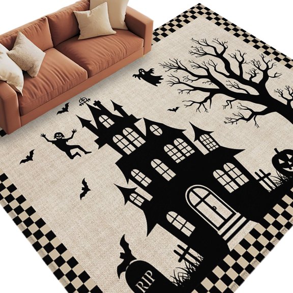 Area Rug 5x8ft, Happy Halloween Haunted Castle Dead Trees Pumpkin Ghost Washable Rugs for Living Room Bedroom, Retro Black Check Soft Non-slip Area Rugs Rectangle Floor Carpet for Dining Room