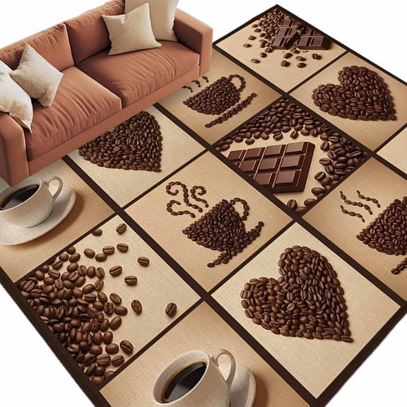 Area Rug 5x8ft, Heart Shape Coffee Beans Washable Rugs for Living Room Bedroom, Chocolate Bar Soft Non-slip Area Rugs Rectangle Floor Carpet for Dining Room