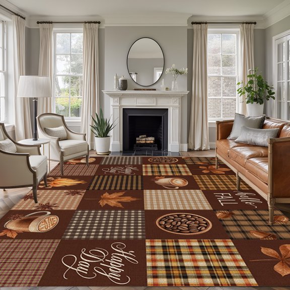Area Rug 5x8ft, Hello Fall Happy Day Words Washable Rugs for Living Room Bedroom, Maple Leaves Coffee Soft Non-slip Area Rugs Rectangle Floor Carpet for Dining Room