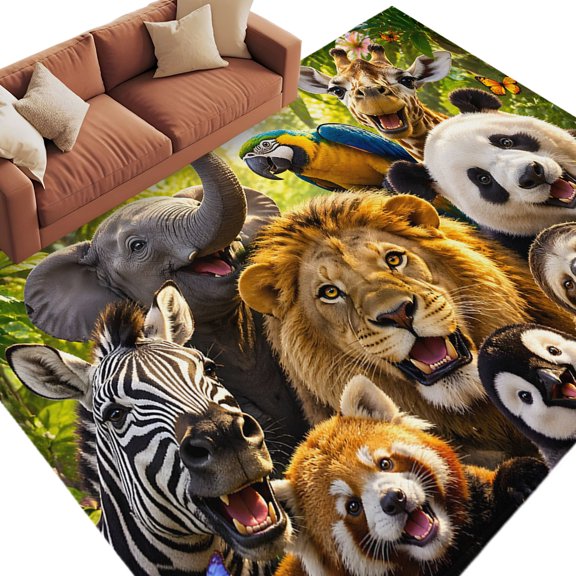 Area Rug 5x8ft, Jungle Animals Elephant Lion Pattern Washable Rugs for Living Room Bedroom, Zebra Panda Sloth Soft Non-slip Area Rugs Rectangle Floor Carpet for Dining Room
