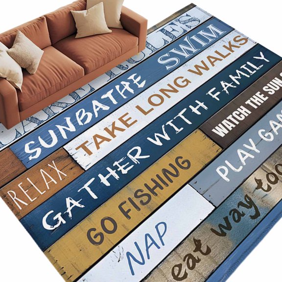 Area Rug 5x8ft, Lake Rules Farm Blue Wood Board Washable Rugs for Living Room Bedroom, Quote Wooden Grain Soft Non-slip Area Rugs Rectangle Floor Carpet for Dining Room