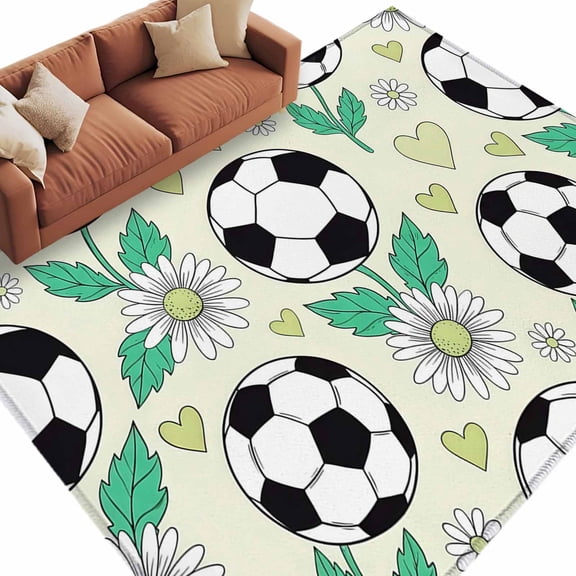 Area Rug 5x8ft, Modern Black White Football Washable Rugs for Living Room Bedroom, Boho Daisy Flower Love Heart Soft Non-slip Area Rugs Rectangle Floor Carpet for Dining Room