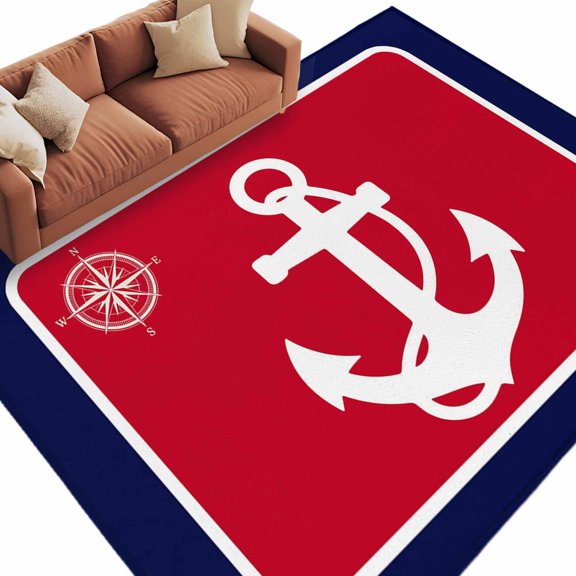 Area Rug 5x8ft, Nautical Anchor Compass Marine Theme Washable Rugs for Living Room Bedroom, Red Blue White Soft Non-slip Area Rugs Rectangle Floor Carpet for Dining Room
