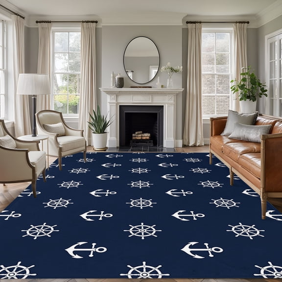 Area Rug 5x8ft, Nautical Anchor Compass Seamless Washable Rugs for Living Room Bedroom, Coastal Navy Blue Theme Soft Non-slip Area Rugs Rectangle Floor Carpet for Dining Room