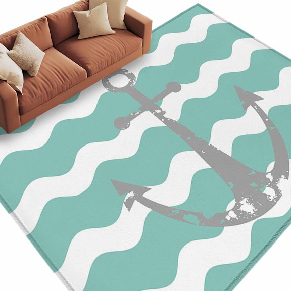 Area Rug 5x8ft, Nautical Anchor Teal Zigzag Ripple Chevron Washable Rugs for Living Room Bedroom, Grey Anchors Summer Ocean Theme Soft Non-slip Area Rugs Rectangle Floor Carpet for Dining Room