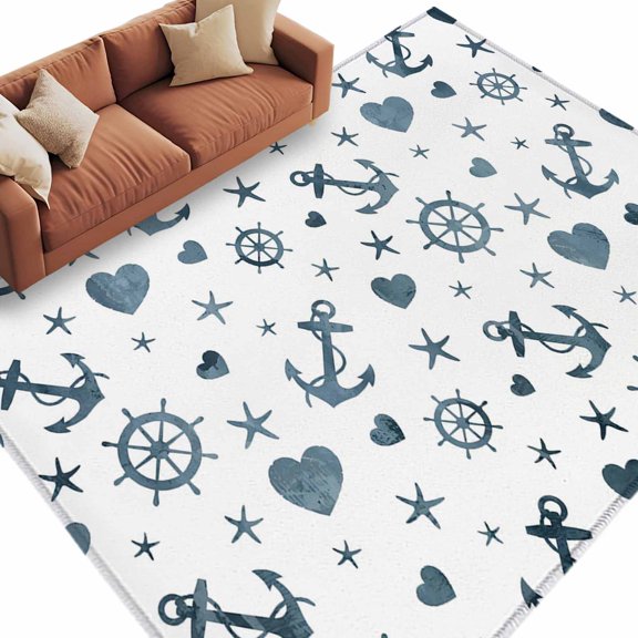 Area Rug 5x8ft, Nautical Compass Anchor Starfish Washable Rugs for Living Room Bedroom, Seamless Hearts Gray Blue Soft Non-slip Area Rugs Rectangle Floor Carpet for Dining Room