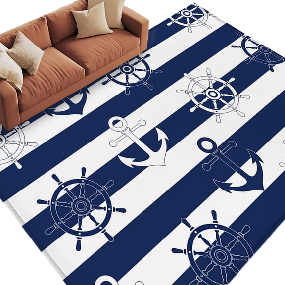 Area Rug 5x8ft, Nautical Compass Anchor Washable Rugs for Living Room Bedroom, Coastal Ocean Navy Blue White Stripe Soft Non-slip Area Rugs Rectangle Floor Carpet for Dining Room