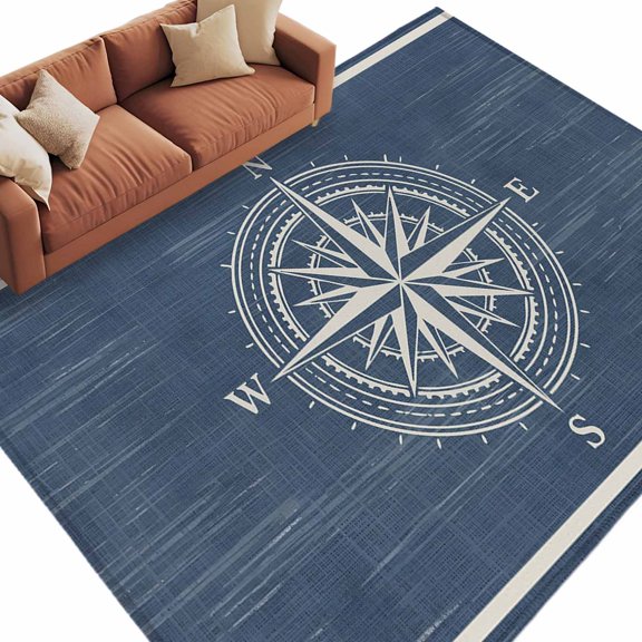 Area Rug 5x8ft, Nautical Compass on Blue Washable Rugs for Living Room Bedroom, Vintage Ocean Theme Soft Non-slip Area Rugs Rectangle Floor Carpet for Dining Room