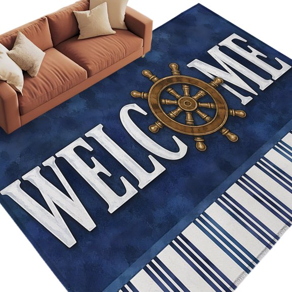 Area Rug 5x8ft, Nautical Compass Welcome Text Washable Rugs for Living Room Bedroom, Coastal Navy Blue Stripe Soft Non-slip Area Rugs Rectangle Floor Carpet for Dining Room