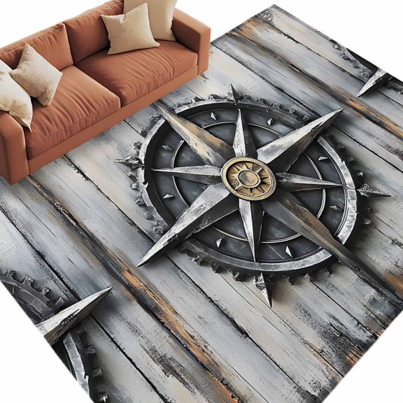 Area Rug 5x8ft, Nautical Compass Wood Board Washable Rugs for Living Room Bedroom, Vintage Coastal Theme Soft Non-slip Area Rugs Rectangle Floor Carpet for Dining Room