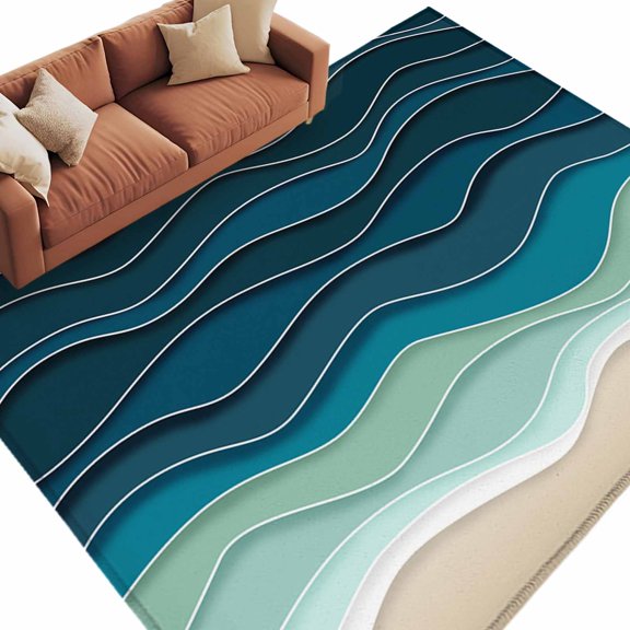 Area Rug 5x8ft, Ocean Gradient Green Waves Washable Rugs for Living Room Bedroom, Abstract Geometric Ripple Soft Non-slip Area Rugs Rectangle Floor Carpet for Dining Room