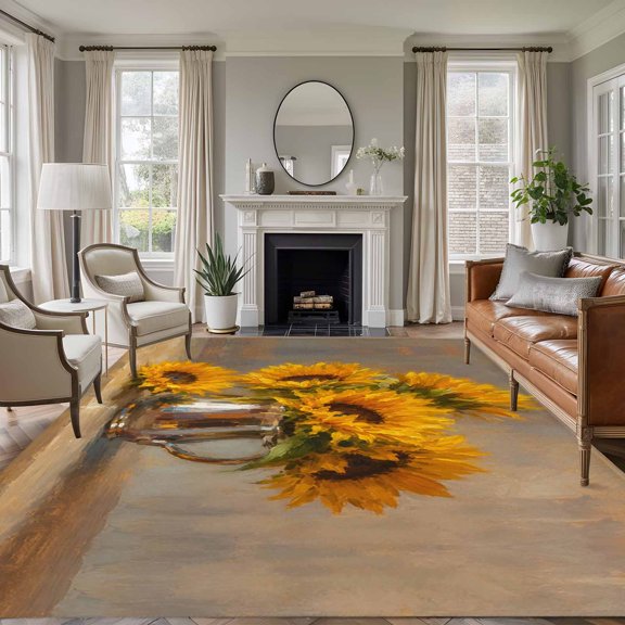 Area Rug 5x8ft, Oil Style Farm Sunflowers Washable Rugs for Living Room Bedroom, Reflective Metal Pitcher Soft Non-slip Area Rugs Rectangle Floor Carpet for Dining Room