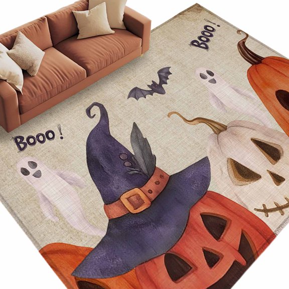 Area Rug 5x8ft, Pumpkin Ghost Halloween Washable Rugs for Living Room Bedroom, Horror Ghost Bat Retro Backdrop Soft Non-slip Area Rugs Rectangle Floor Carpet for Dining Room