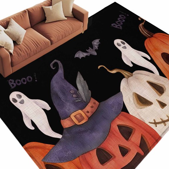 Area Rug 5x8ft, Pumpkin Ghost Halloween Washable Rugs for Living Room Bedroom, Scary Ghost Bat on Black Soft Non-slip Area Rugs Rectangle Floor Carpet for Dining Room