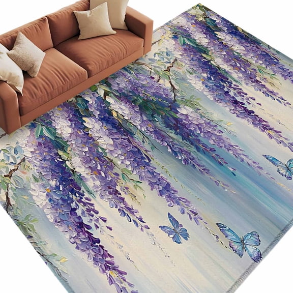 Area Rug 5x8ft, Purple Lavender Flower Butterfly Washable Rugs for Living Room Bedroom, Watercolor Oil Painting Art Soft Non-slip Area Rugs Rectangle Floor Carpet for Dining Room