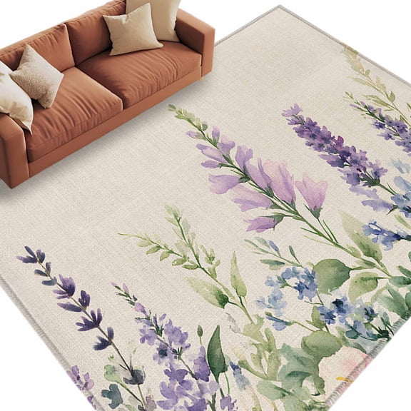 Area Rug 5x8ft, Purple Lavender Pastoral Flower Washable Rugs for Living Room Bedroom, Summer Wild Flower Soft Non-slip Area Rugs Rectangle Floor Carpet for Dining Room