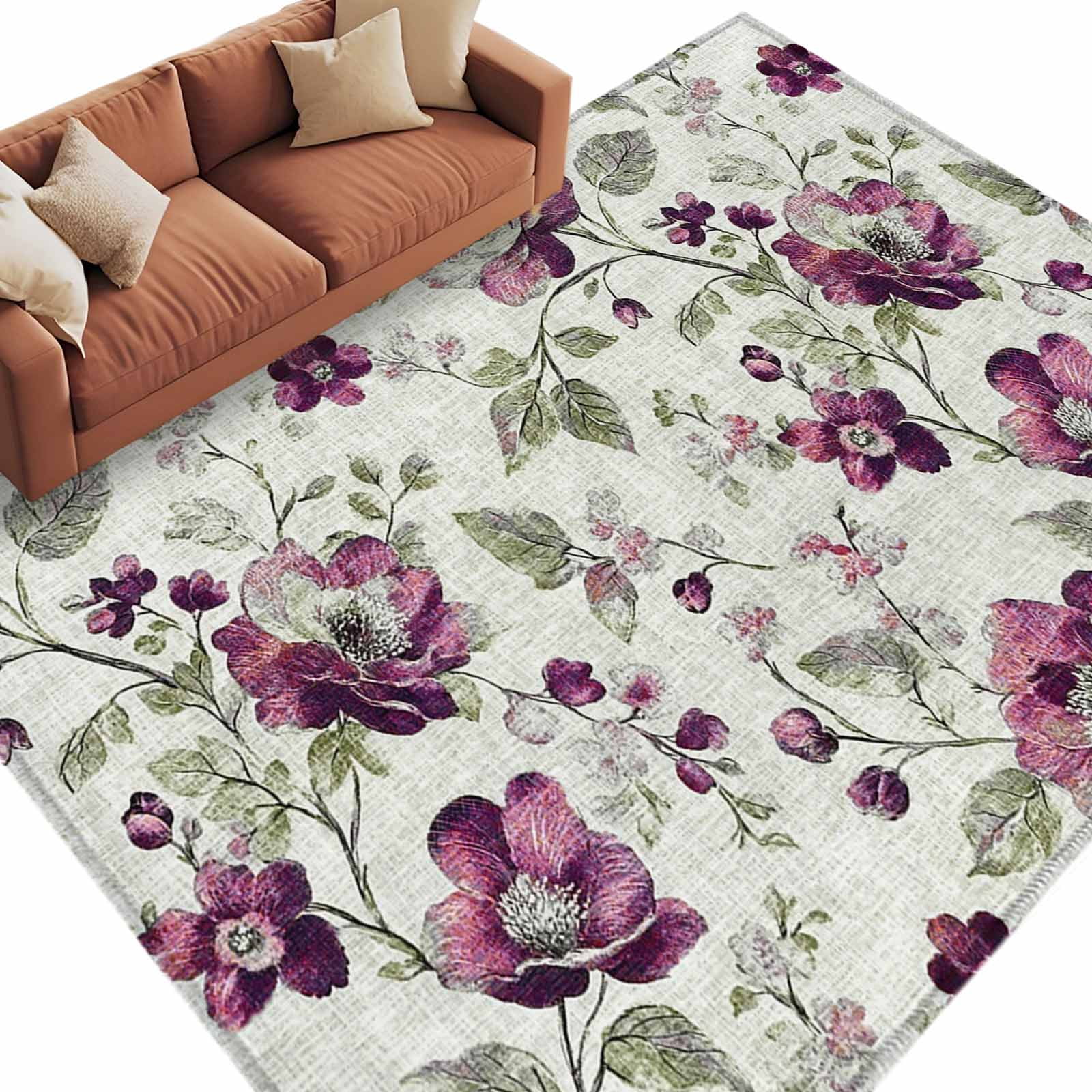 Area Rug 5x8ft, Red Rose Pastoral Floral Vintage Washable Rugs for ...