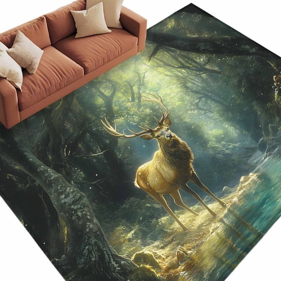 Area Rug 5x8ft, Reindeer in The Forest Washable Rugs for Living Room Bedroom, Hunting Nature Scenery Clear Lake Soft Non-slip Area Rugs Rectangle Floor Carpet for Dining Room