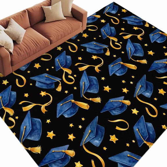 Area Rug 5x8ft, Repeating Graduation Caps Washable Rugs for Living Room Bedroom, Stars and Tassels Soft Non-slip Area Rugs Rectangle Floor Carpet for Dining Room