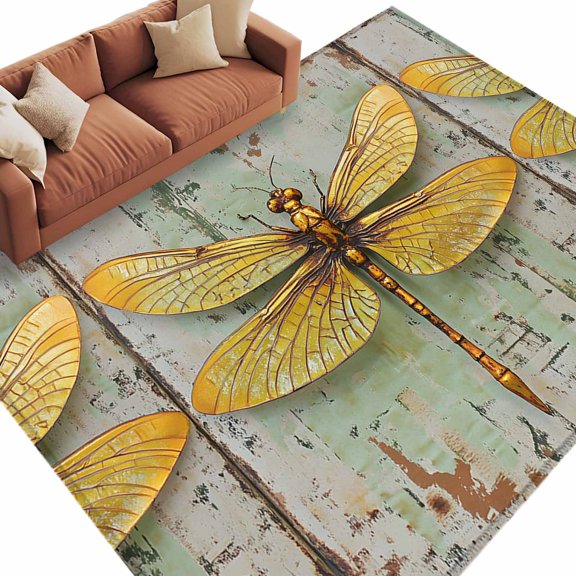 Area Rug 5x8ft, Retro Farm Dragonfly Shabby Wall Washable Rugs for Living Room Bedroom, Modern Insects Art Soft Non-slip Area Rugs Rectangle Floor Carpet for Dining Room