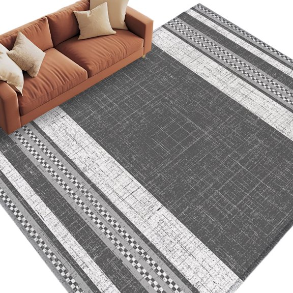 Area Rug 5x8ft, Retro Gray Black Stripe Linen Burlap Washable Rugs for Living Room Bedroom, Country Geometric Art Soft Non-slip Area Rugs Rectangle Floor Carpet for Dining Room