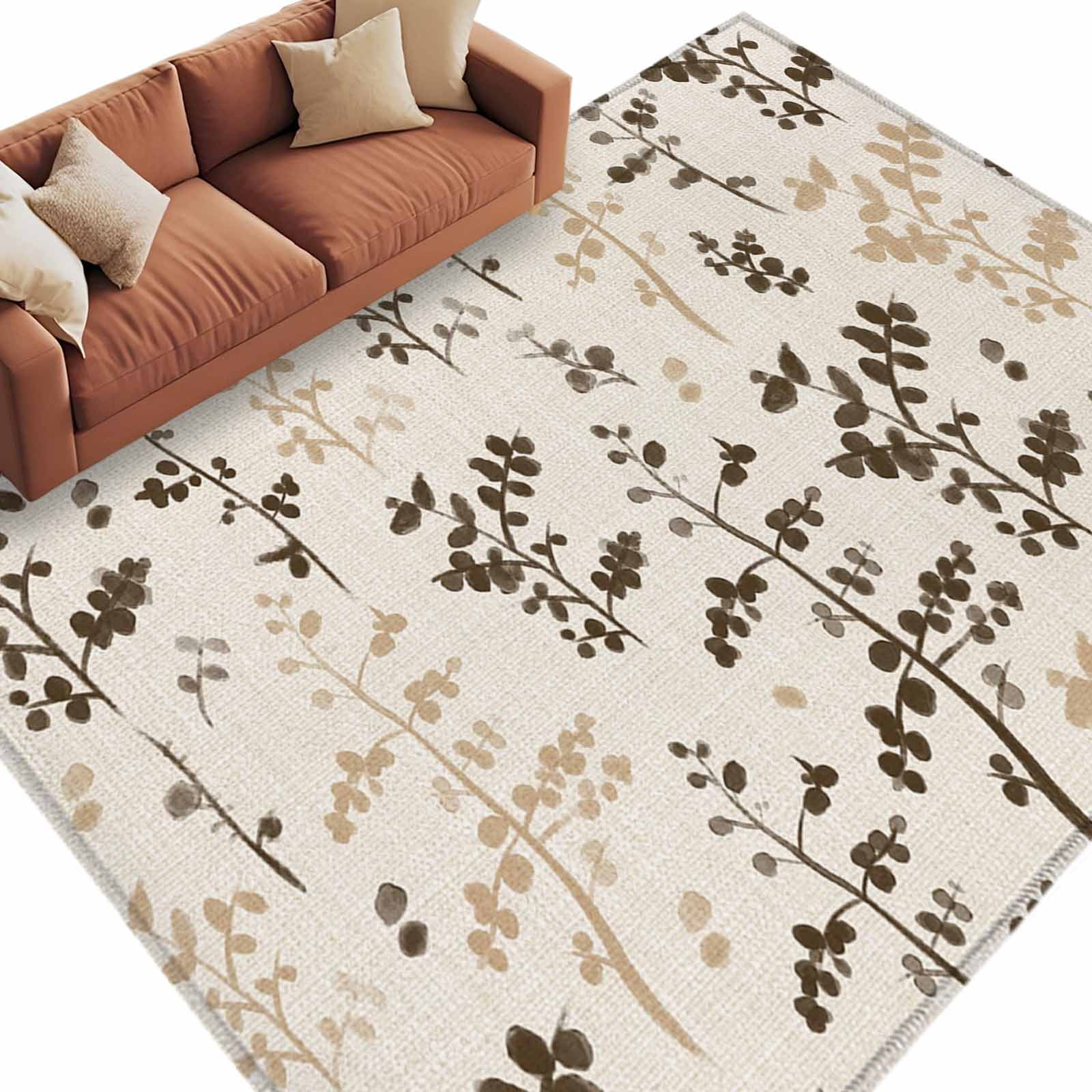 Area Rug 5x8ft, Retro Spring Khaki Color Brown Leaves Washable Rugs for ...