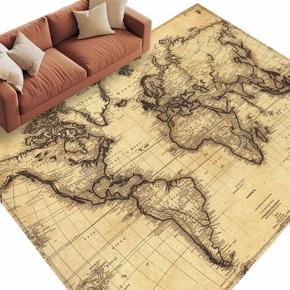 Area Rug 5x8ft, Retro Yellow World Map North America Asia Washable Rugs for Living Room Bedroom, Pacific Plate Soft Non-slip Area Rugs Rectangle Floor Carpet for Dining Room