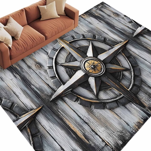 Area Rug 5x8ft, Rustic Navigation Compass Washable Rugs for Living Room Bedroom, Vintage Wood Background Soft Non-slip Area Rugs Rectangle Floor Carpet for Dining Room