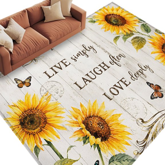 Area Rug 5x8ft, Rustic Sunflower Butterfly Live Quote Washable Rugs for Living Room Bedroom, Floral Retro Wood Plank Soft Non-slip Area Rugs Rectangle Floor Carpet for Dining Room
