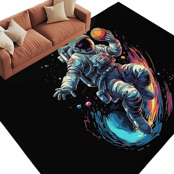 Area Rug 5x8ft, Space Man Playing Basketball Sport Washable Rugs for Living Room Bedroom, Ball Game on Black Soft Non-slip Area Rugs Rectangle Floor Carpet for Dining Room