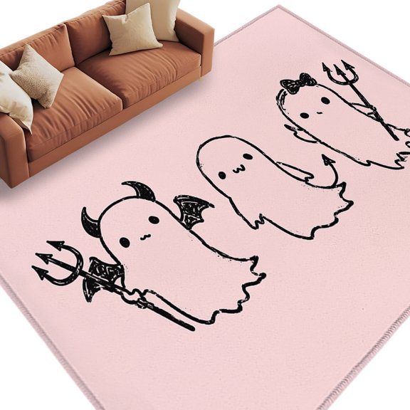 Area Rug 5x8ft, Spooky Halloween Ghost on Pink Washable Rugs for Living Room Bedroom, Cute Black Sketch Soft Non-slip Area Rugs Rectangle Floor Carpet for Dining Room