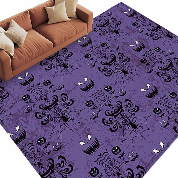 Area Rug 5x8ft, Spooky Halloween Haunted Ghost Cobweb Washable Rugs for Living Room Bedroom, Black Purple Soft Non-slip Area Rugs Rectangle Floor Carpet for Dining Room