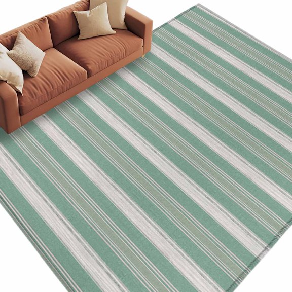 Area Rug 5x8ft, Spring Sage White Stripes Washable Rugs for Living Room Bedroom, Olive Tones Lines Soft Non-slip Area Rugs Rectangle Floor Carpet for Dining Room