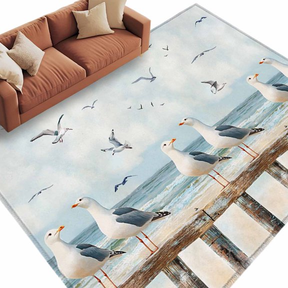 Area Rug 5x8ft, Summer Beach Bird Seagull Washable Rugs for Living Room Bedroom, Ombre Ocean Retro Fence Soft Non-slip Area Rugs Rectangle Floor Carpet for Dining Room