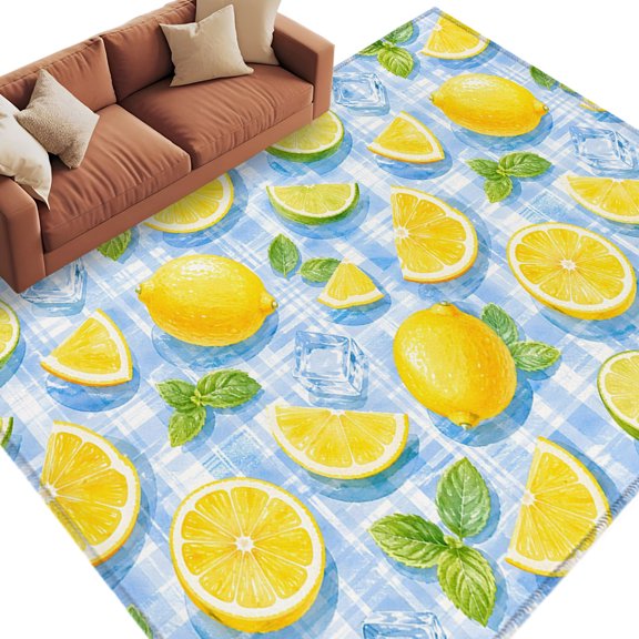 Area Rug 5x8ft, Summer Fruit Sliced Lemons Washable Rugs for Living Room Bedroom, Ice Cubes Mint Leaves Soft Non-slip Area Rugs Rectangle Floor Carpet for Dining Room