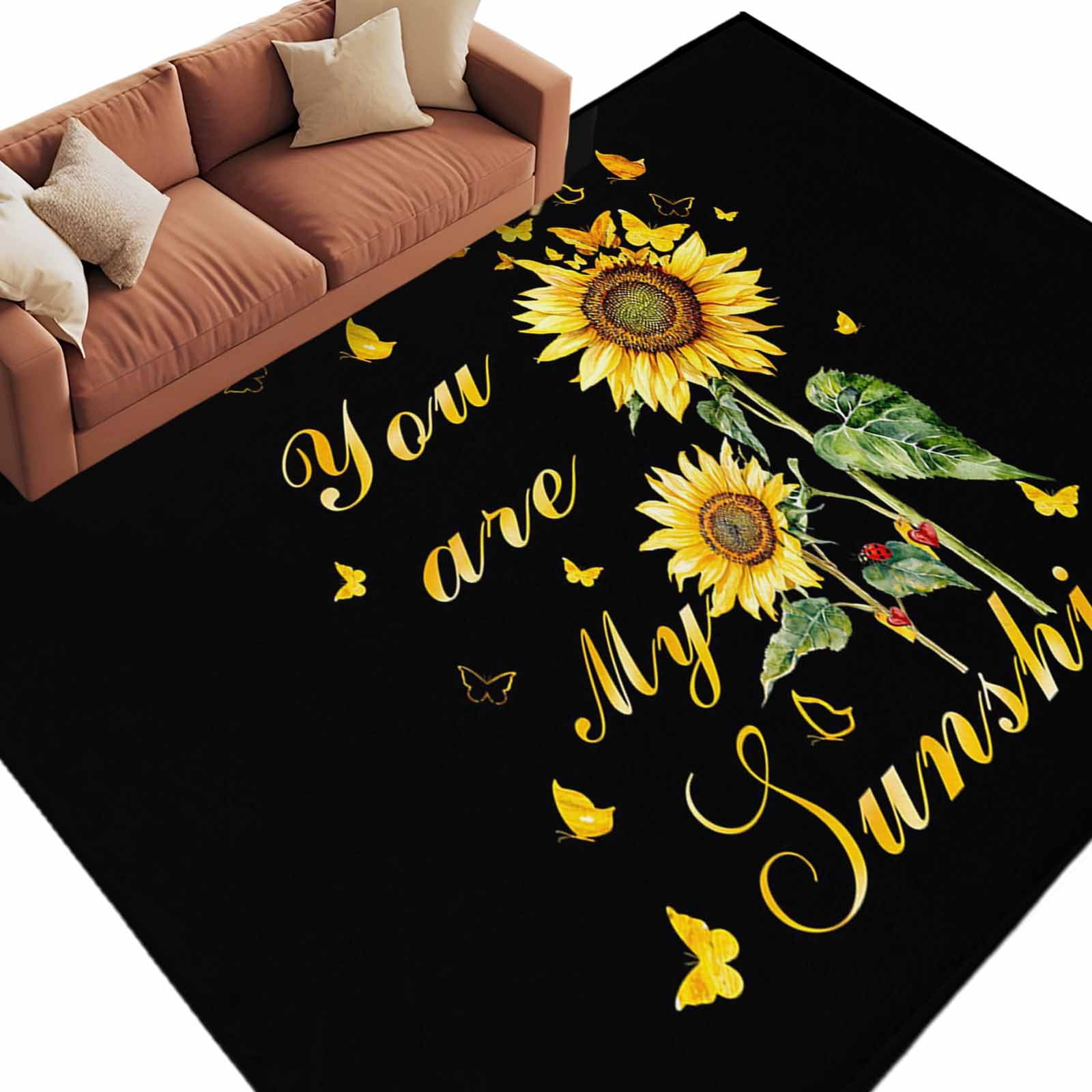 Sunshine Rug Area Rug 5x8ft, My Sunshine Yellow Sunflower and Butterfly Washable ...