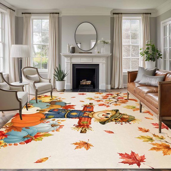 Area Rug 5x8ft, Thanksgiving Pumpkin Cartoon Man Washable Rugs for Living Room Bedroom, Fall Maple Leaf Orange Gradient Soft Non-slip Area Rugs Rectangle Floor Carpet for Dining Room
