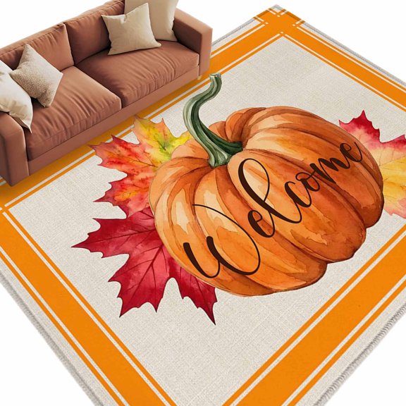 Area Rug 5x8ft, Thanksgiving Pumpkin Welcome Quote Washable Rugs for Living Room Bedroom, Fall Maple Leaf Orange Soft Non-slip Area Rugs Rectangle Floor Carpet for Dining Room