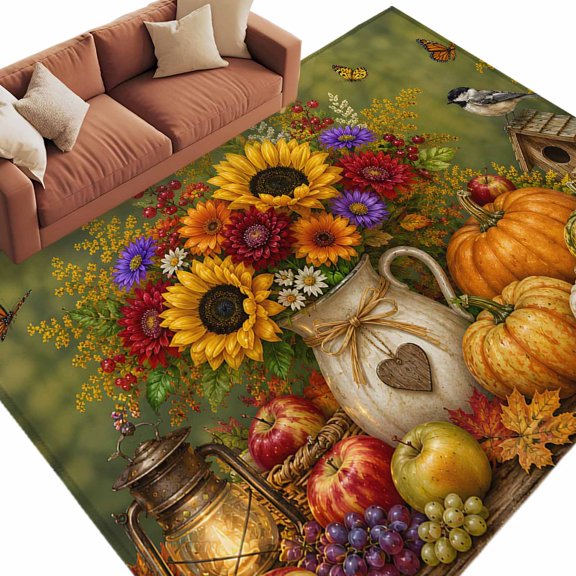 Area Rug 5x8ft, Thanksgiving Sunflowers Pumpkins Washable Rugs for Living Room Bedroom, Pitcher Vase Butterfly Soft Non-slip Area Rugs Rectangle Floor Carpet for Dining Room